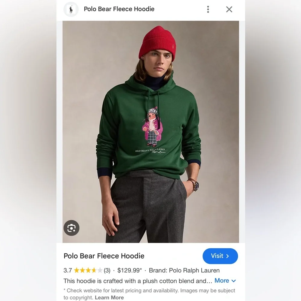 💚🐻 NEW WITH TAGS🐻💚 Polo Bear Fleece Hoodie Size M - Picture 1 of 9